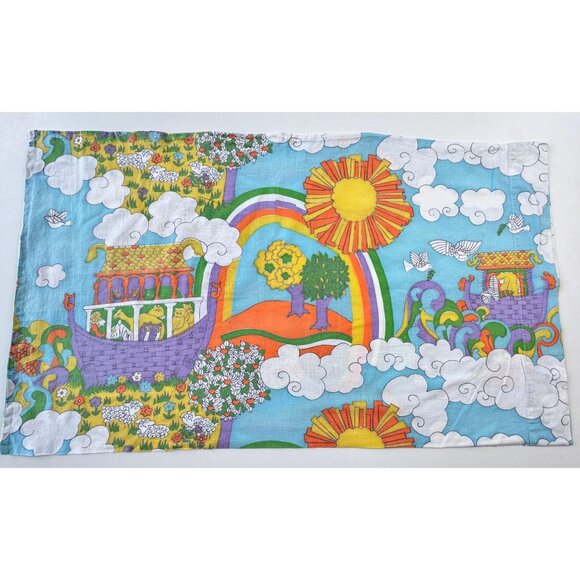 Vintage 1970s single pillowcase, Sears Noah's Ark, blue, purple, orange - Picture 1 of 10